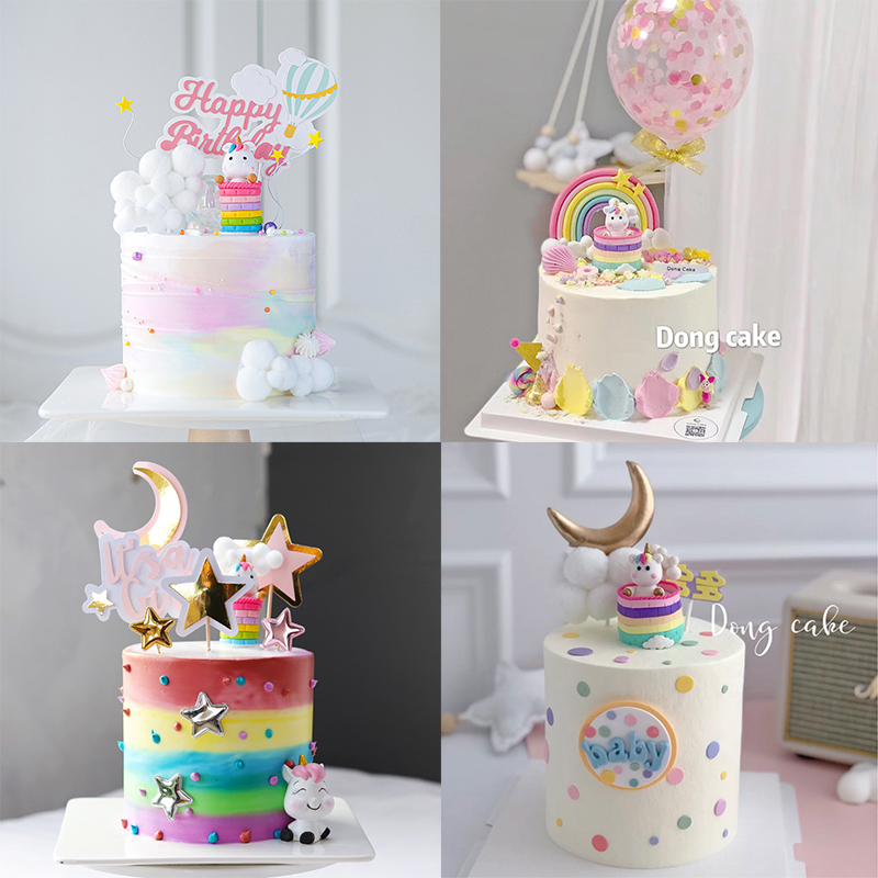 Baking Decoration Soft Pottery Unicorn Rainbow Color Fortress Birthday Party Cake Decoration Sweet Terrace Creative Pendulum-Taobao