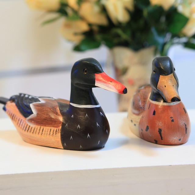 Creative Handmade Solid Wood Carved Wooden Duck Ornaments with Peach Blossom Array to Enhance Love Luck and Fortune