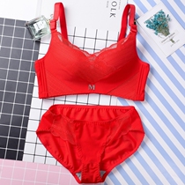 This years big red womens underwear without steel rings sexy lace gathered thick wedding bride bra cover set