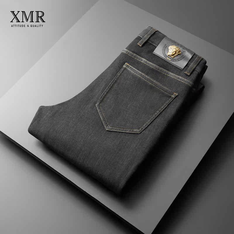 Trend 100 Lap Jeans Men's Body Small Feet Casual Straight Drum Pants Autumn Winter Warm Pants Thickened with velvety trousers