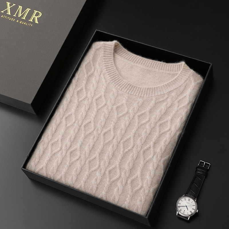 Retro twist pure Kashmiri wool sweater male winter round collar casual inner lap dress soft and soft glutinous glutinous high-end men cashmere