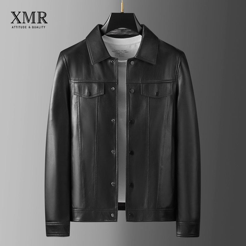 High Extravagant Import Little Lambskin Leather Leather Leather Clothing Men's Autumn Winter Handsome Gas Locomotive Jacket Short style upturned collar leather jacket