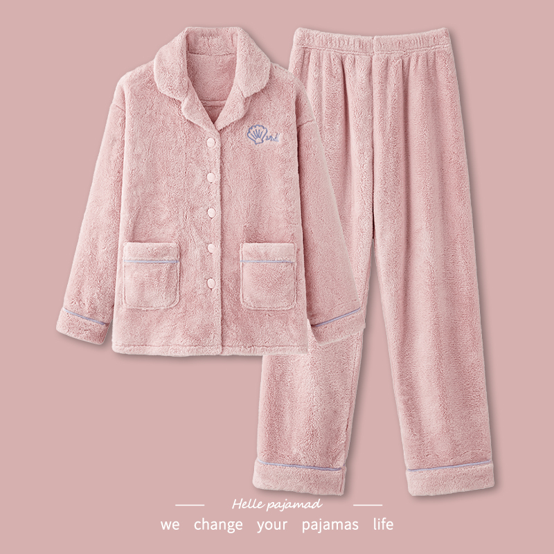 Langsha Coral Velvet Pajamas for Women in Autumn and Winter, Thickeneded and Velvet, Warm Flannel, Large Size, Can Be Worn Outside, Home Wear Set