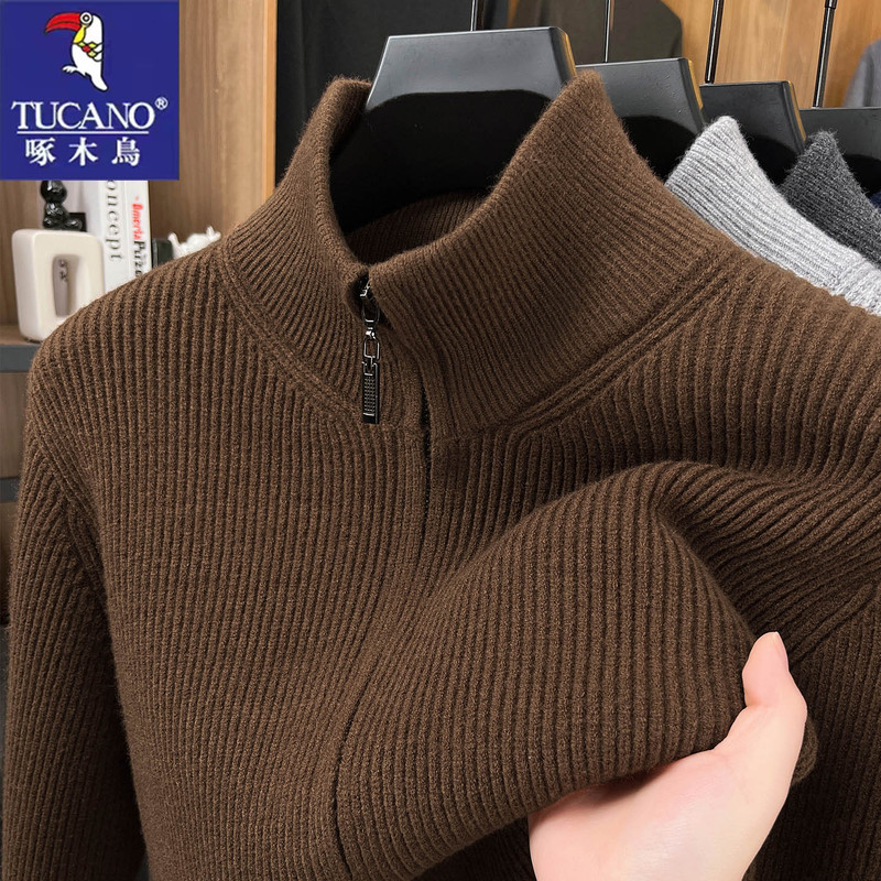 Woodpecker Wool Double Zipper Cardigan Autumn and Winter New Men's Stand-Up Collar Casual Jacket Knitted Sweater Warm Sweater for Men