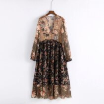  1988 Womens seaside vacation travel style floral stitching stitching V-neck Chiffon long-sleeved ruffle dress female