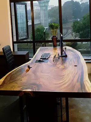 Walnut solid wood large board tea table Tea table whole large board table Log desk desktop dining table Light luxury desk boss