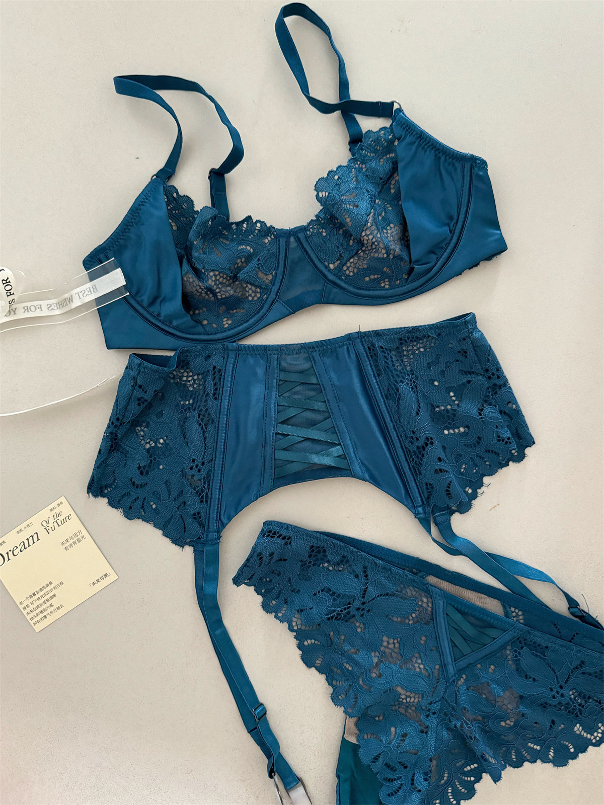 Description Picture 4 of itemSatin three-piece thin section lingierie large breast underwear sexy lace bra breathable blue temperament underwear set