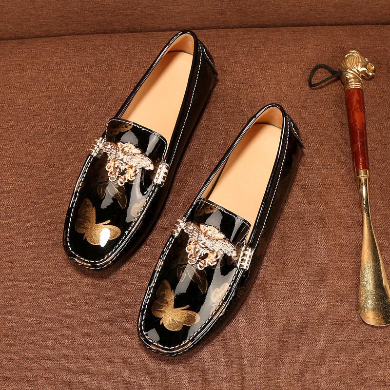 New British-Style Breathable Patent Leather Loafers for Men, Genuine Leather Soft-Soled Slip-On Shiny Leather Casual Shoes, Trendy Shoes