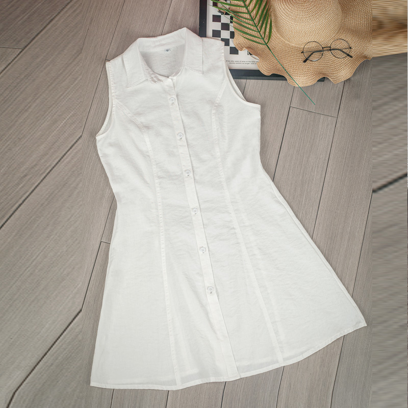 Spring and Summer Sleeveless White Shirt Dress for Women, Plus Size, Slim Fit, Mid-Length A-Line Skirt, Base Shirt Dress