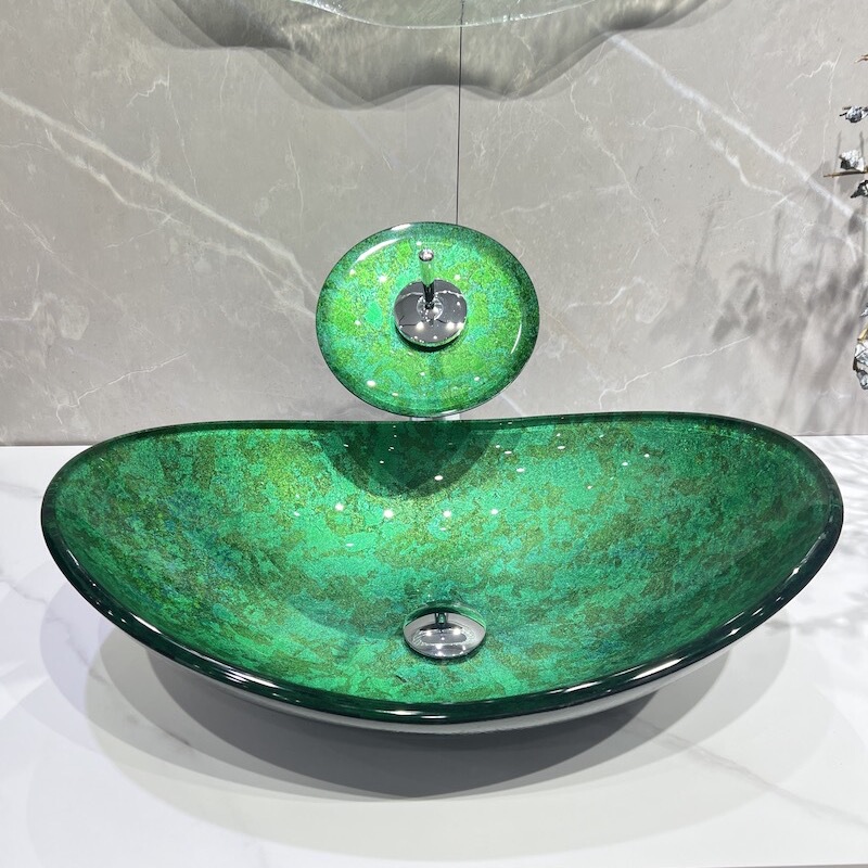 Retro Green Tempered Glass Washbasin for Home Use, Countertop Basin, Simple Artistic Basin, Creative Rectangular Washbasin, Round