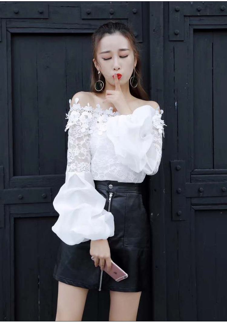 Đặc biệt hàng ngày mùa xuân và mùa thu trang trí của phụ nữ cơ thể bị rò rỉ vai từ cổ áo phun tay áo trắng ren áo sơ mi chiffon dài tay áo sơ mi mẫu áo sơ mi nữ đẹp 2020