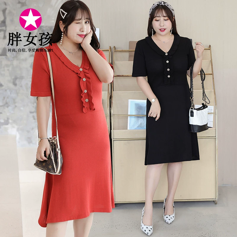 Cô gái béo mùa hè 2021 sản phẩm mới tăng cộng với quần áo phụ nữ béo ngoại cỡ quần áo phụ nữ béo cô gái váy dệt kim - Sản phẩm HOT