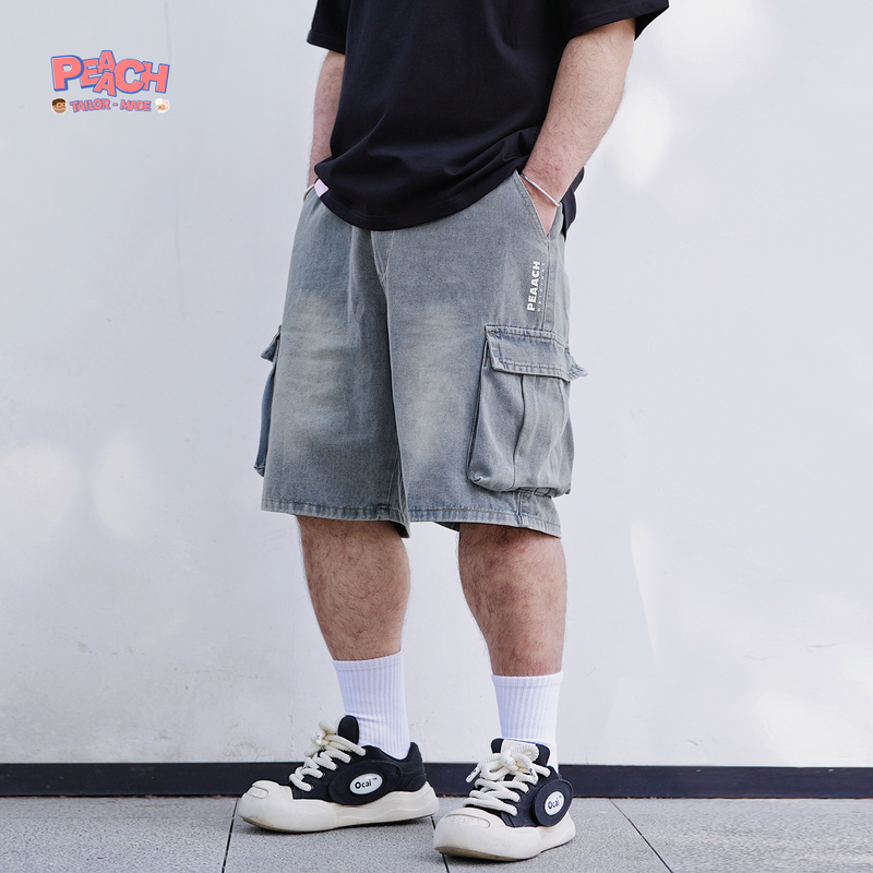 Peaach Japanese Retro Loose Fit Plus Size Elastic Waist Denim Shorts American Simple Style Large Pocket Casual Knee-Length Shorts