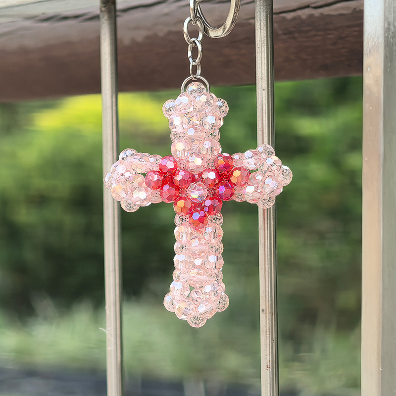 Sparkling Crystal Cross Keychain, Handmade Beaded 6mm Glass Crystal Finished Product, Gift for Best Friend, Creative Bag Pendant