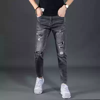 Black ripped jeans men's 2021 new summer Korean men's trendy brand slim stretch personalized cigarette tube pants