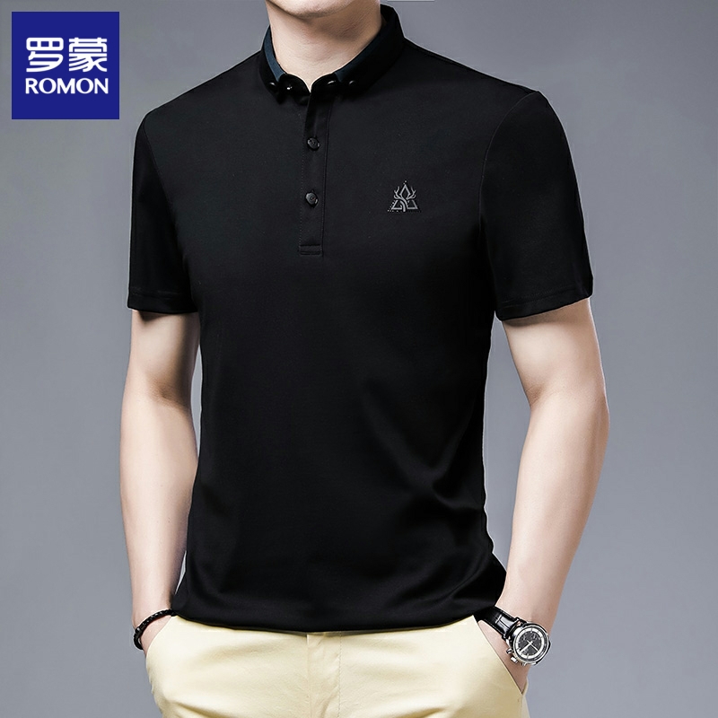Romon Ice Silk Light Cotton Short Sleeve T-shirt Men's Pure Color Flipped Half Sleeve High-end Mulberry Silk Thin casual Polo shirt