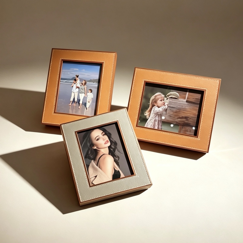 Office Desk Full Moon Saddle Leather Birch Photo Holder Handmade Magnetic 100-Day Baby Picture Frame