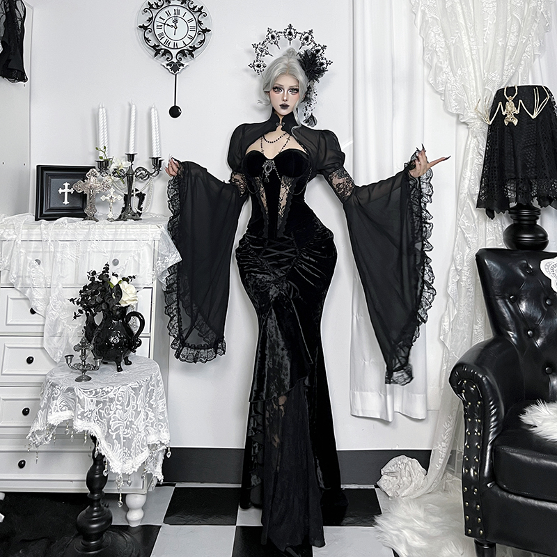 Wannathis Gothic Style Black Lace Suit for Women, Dark Style Slim Long Skirt, Sexy Dress for Halloween