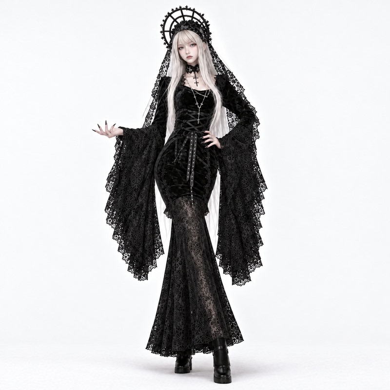 Wannathis Gothic Witch Dress Black Lace Long Sleeve Waist Slimming Halloween Cosplay Costume