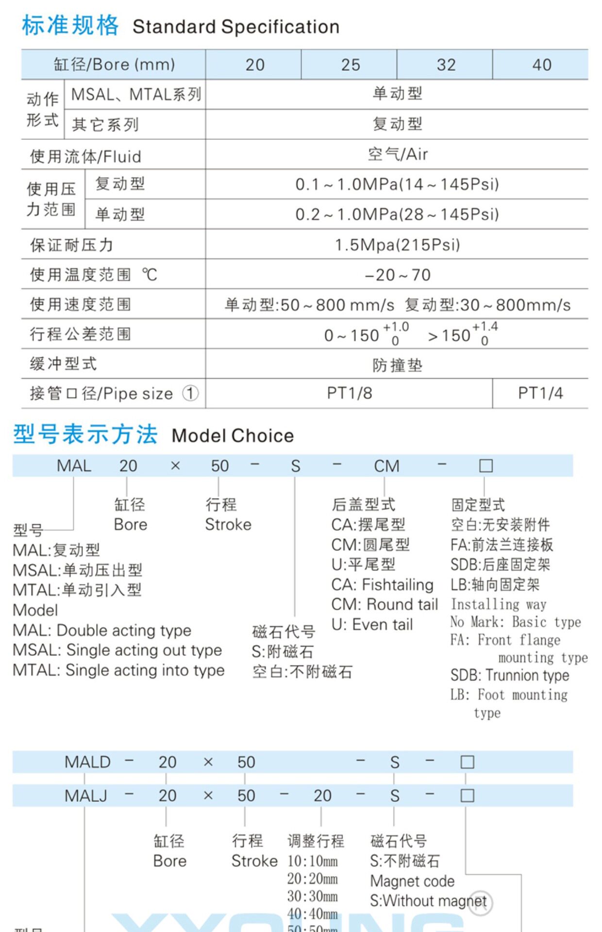 Цилиндр xyoung气动行程可调迷你气缸malj40x100-50-s带磁铝合金迷你气缸