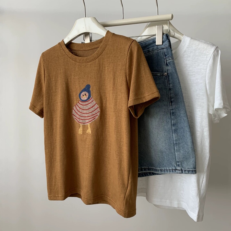 Summer Thin Snowflake Cotton Niche Cartoon Round-Neck Short-Sleeve Women's T-Shirt with Penguin Embroidery, Age-Reducing Student Top