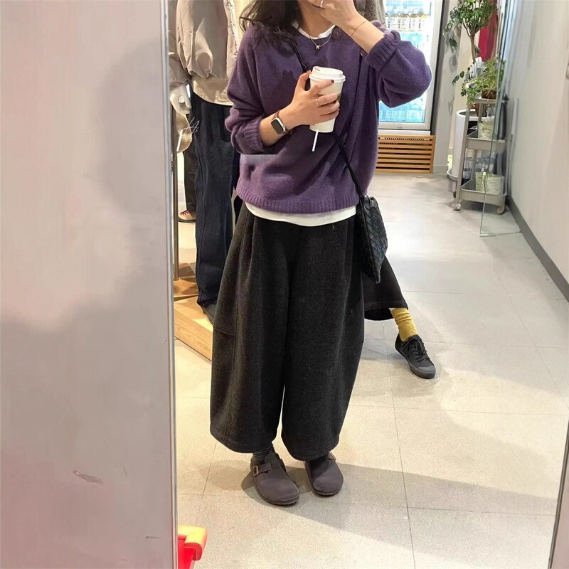 Seamless One-Piece Solid Color 100% Purple Wool Sweater Round Neck Knitwear Women's Warm Versatile Purple Sweater