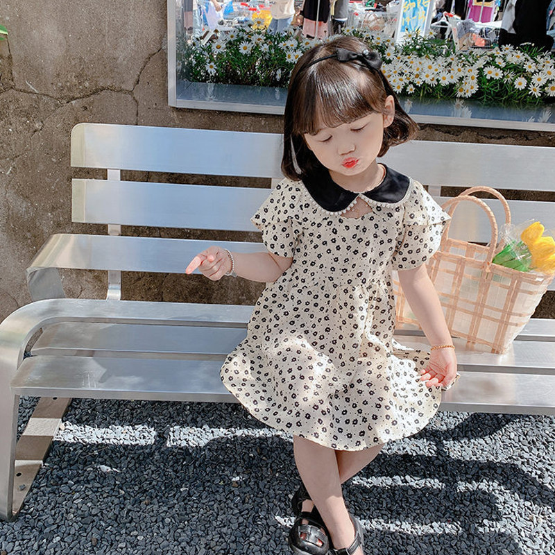 Girls Summer 2021 new snow spinning Flowers Foreign Dress Han Edition Children Short Sleeves Skirt Woman Baby Foreign Pie Princess Dress