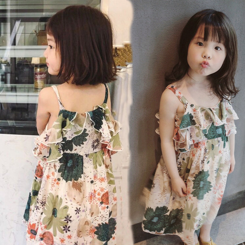 Girls summer floral suspenders dress Korean version baby print vest skirt small and medium children's sleeveless princess skirt