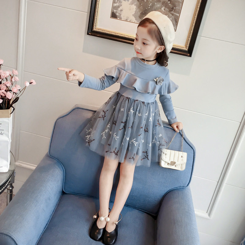 Girl Spring Dress Korean Version Pure Cotton Long Sleeves Lace Dress 2022 New Foreign Pie Baby Children Yarn Princess Dress