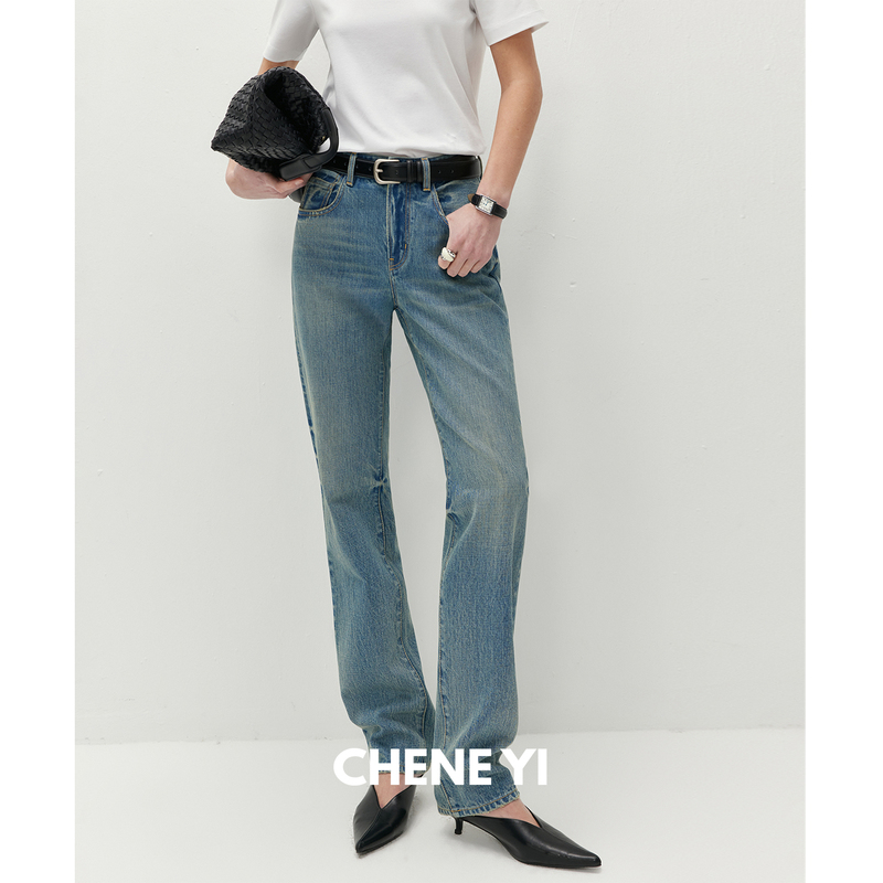 Chene Yi Japan Okayama Indigo Dyed Classic Five-Pocket Mid-Rise Slightly Tapered Jeans for Women Slimming Straight-Leg Long Pants