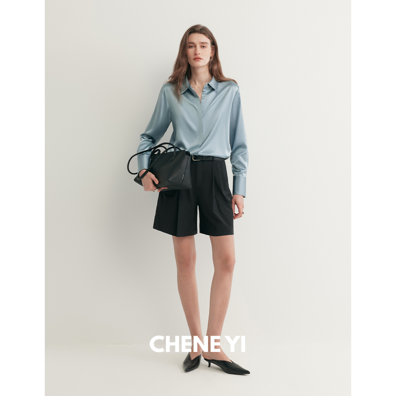 Chene Yi Three-Pleat Spliced Waistband Commuter Shorts for Women, Summer Black Straight-Leg Casual Pants for Outerwear