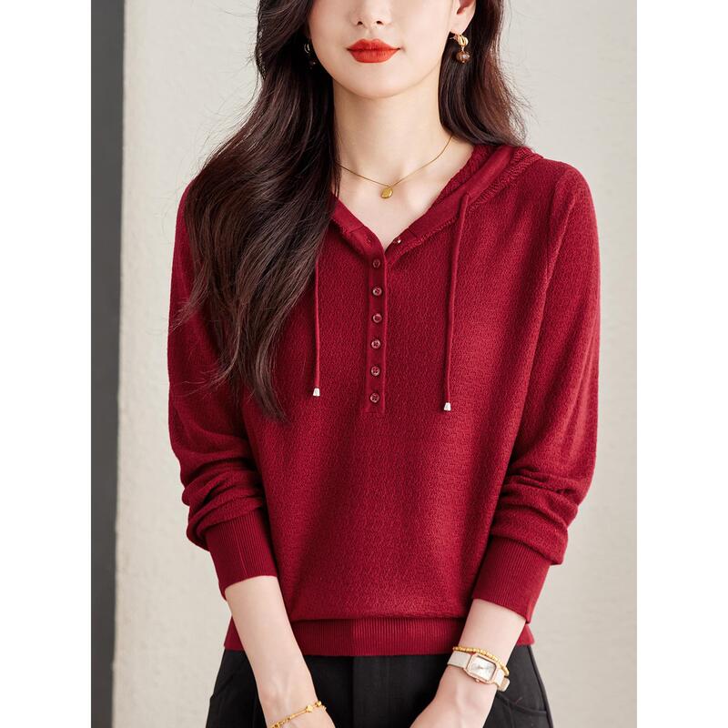 Red Hooded Sweatshirt for Women, Autumn 2025 New Style, Simple Casual Knitted Top, Loose Hooded Sweater, Base Layer Shirt