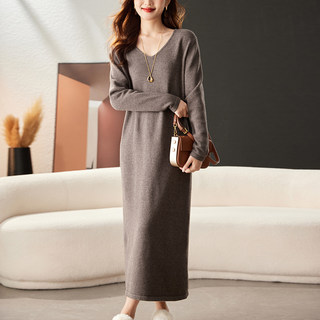 Women's Heart-Neck Sweater, Autumn and Winter Extra-Long Over-The-Knee Wool Sweater Dress, Warm Base Layer, Loose Plus-Size Women's Clothing