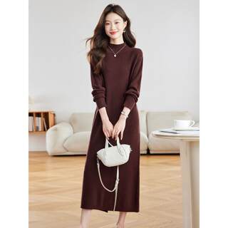 100% Pure Wool Sweater, Half-Turtleneck Sweater for Women, Autumn and Winter Extra-Long Over-The-Knee Sweater Dress, Loose Plus-Size Women's Clothing, Ribbed