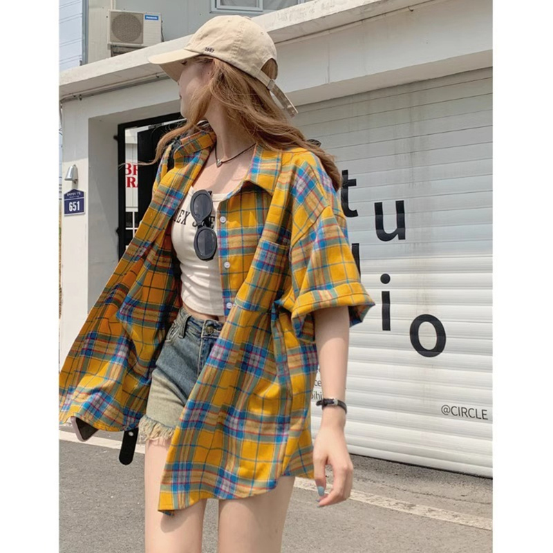 Plus Size 150kg Retro Color-Block Plaid Short-Sleeve Shirt for Women, Large Size, New Summer Shirt Jacket, Unique Top