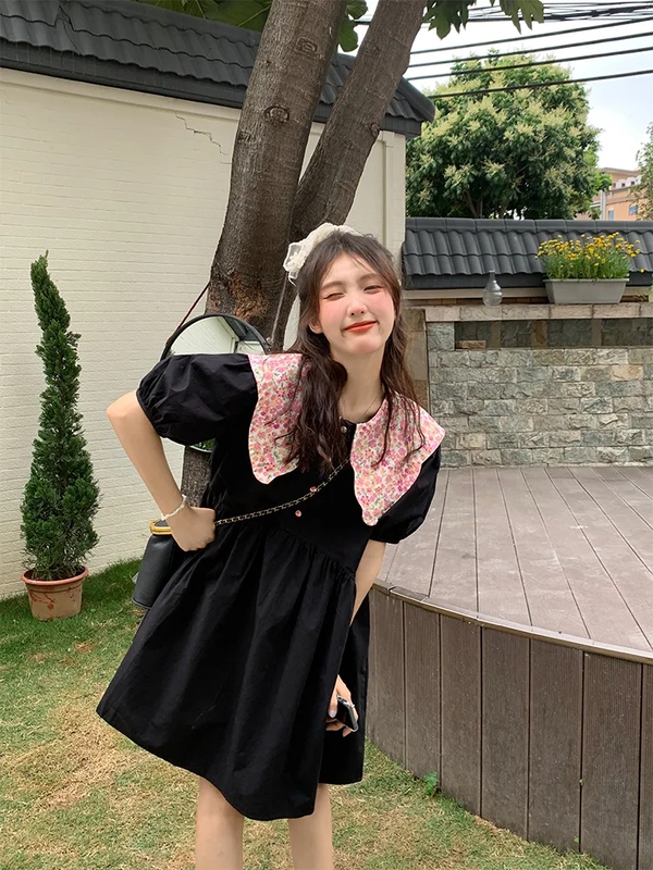 Plus Size Loose Fit Fat mm 150kg Patchwork Floral Dress for Women, New Summer Style, Sweet Age-Reducing Doll Collar Dress