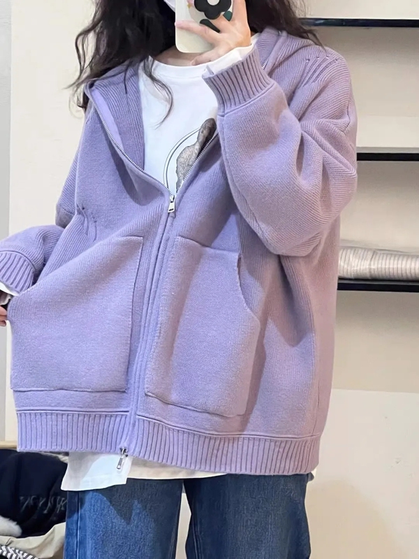 Plus Size 150kg Purple Zip-Up Sweater Jacket for Women, Autumn and Winter, High-End Cardigan, Loose Knit Top