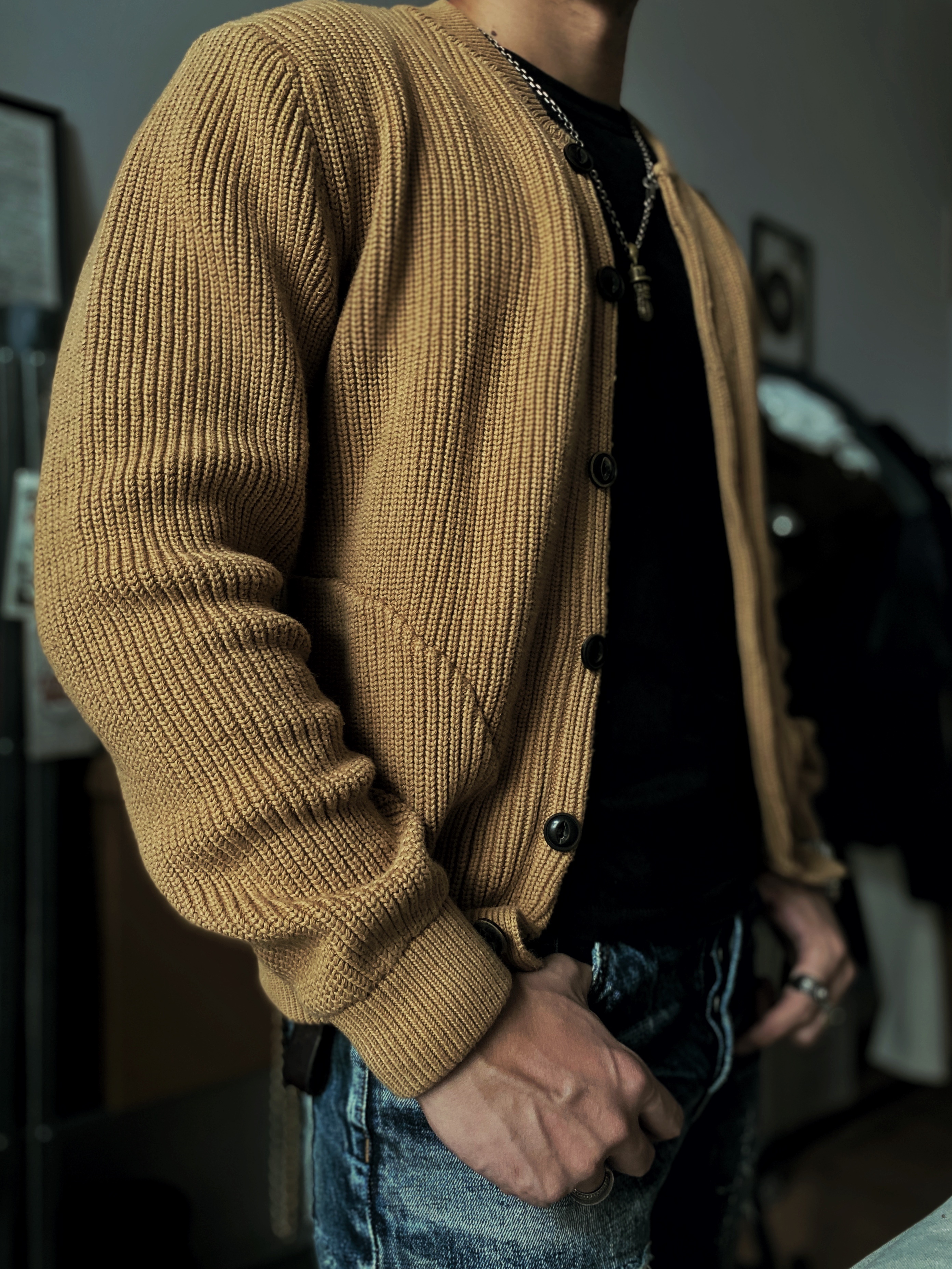 Chai Mi Heavy Cotton Knitwear Jacket Sweater Linen Men's Cardigan American Retro Ami Khaki Winter