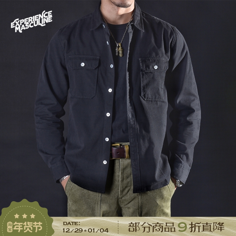 Chai Mi Ami khaki American retro heavy heavy wash water solid color canvas tooling casual shirt long-sleeved men's autumn and winter