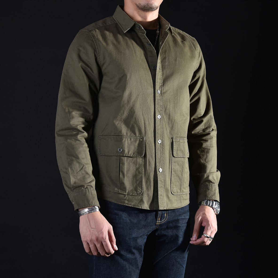 Chaimi American retro new product Ami khaki heavy tooling old casual double bag shirt men's long-sleeved autumn and winter clothes