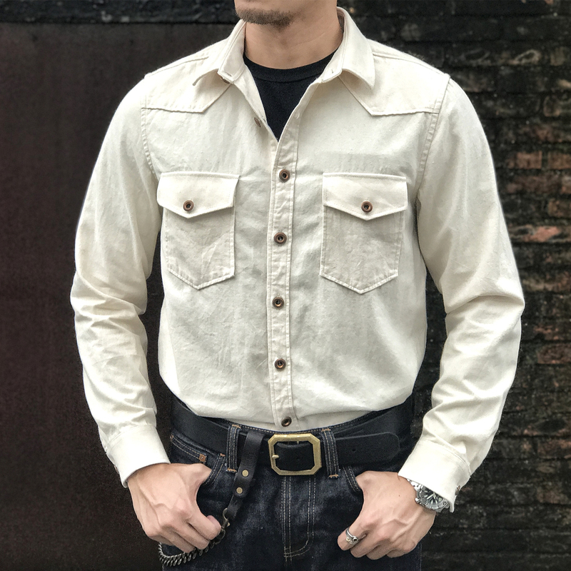 Chaimi Amei Casual American Retro Heavy Organic Cotton Distressed Canvas Workwear Casual Long-Sleeve Shirt for Men in Autumn
