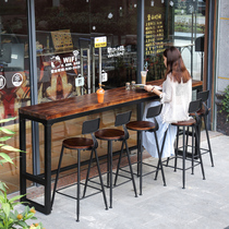 Solid wood bar table and chair combination Milk tea shop Commercial bar table Household balcony wall high foot narrow table Long table