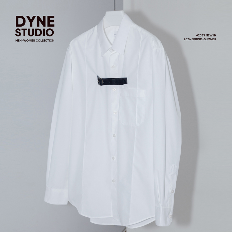 Dyne Studio Celebrity Style Leather Horsebit Decorated Poplin Cotton Long-Sleeve Slim-Fit Shirt 8551 Dyne Studio Celebrity Style Leather Horsebit Decorated Poplin Cotton Long-Sleeve Slim-Fit Shirt 8551