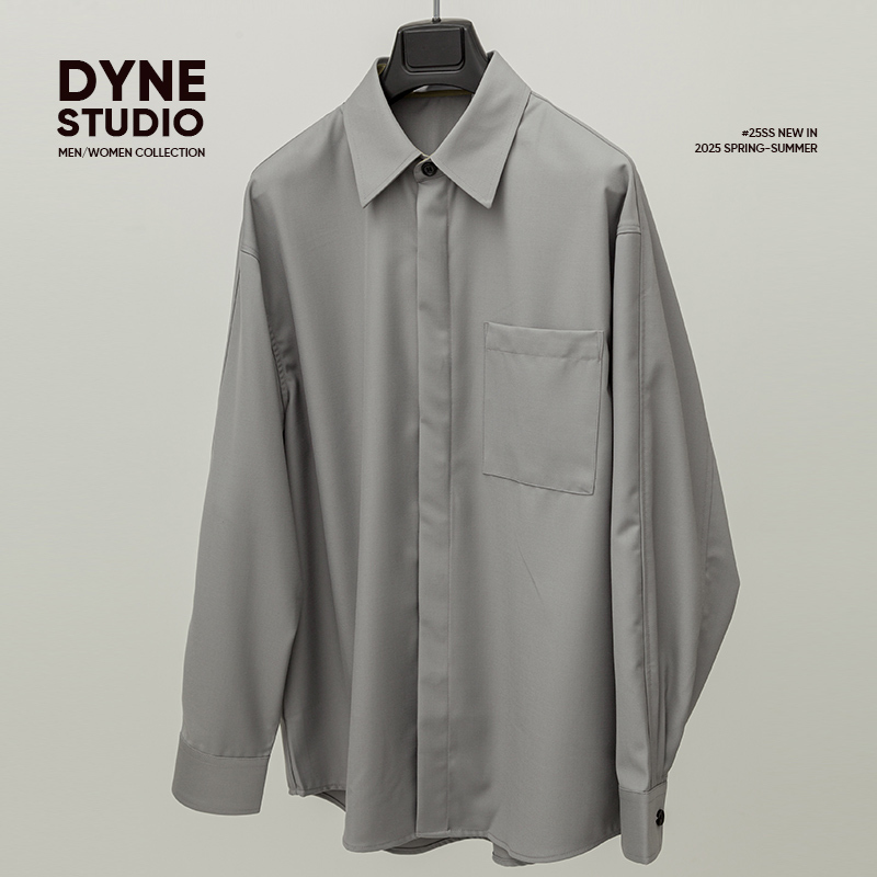 Dyne Studio Celebrity-Inspired Cement Gray Loose-Cut V-Shaped Patchwork Gray Shirt-Style Jacket 8771