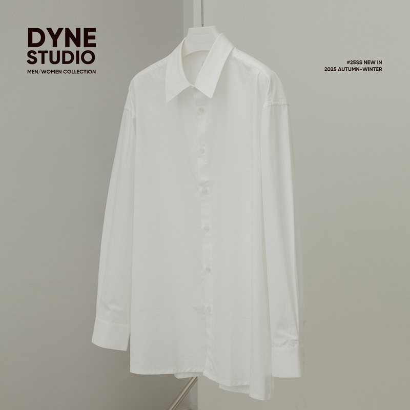 Dyne Studio White Basic Washed Cotton Loose Casual Long-Sleeved Shirt, Unisex Style 8762