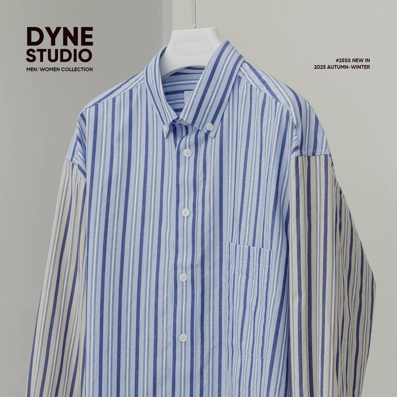 Dyne Studio Design-Inspired Two-Tone Patchwork Japanese Mulberry Washed Yarn-Dyed Cotton Long-Sleeve Loose Shirt 8709