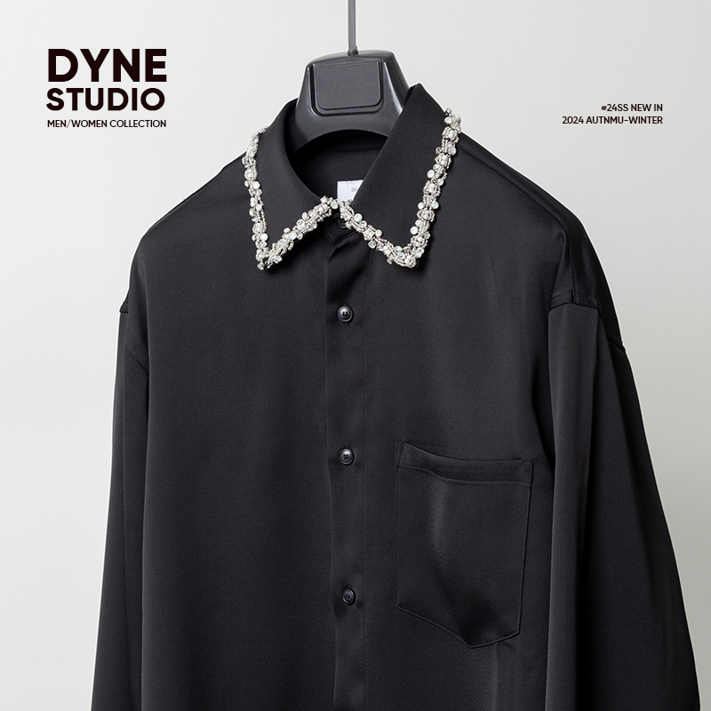 Dyne Studio Niche Design Hand-Beaded Floral Decoration Acetate French Long-Sleeved Shirt 8803
