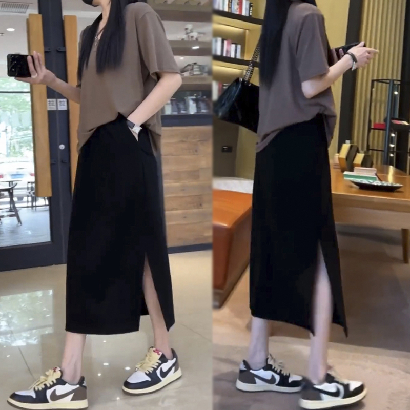 Pear-Shaped Body, Large Size, High-Waisted, Slimming Black Skirt for Women, New Summer Style, Elastic Mid-Length Slit A-Line Skirt