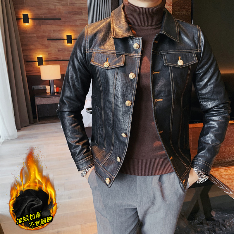 Light Mature Style Men's Leather Jacket, Autumn and Winter Fleece-Lined, Fashionable Slim Fit Short Trendy Brand Cool Biker Leather Jacket Top