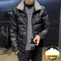 Winter fur collar leather face men light and thin down clothes Trend handsome Tide Shuffle Short jacket 2022 New winter clothing